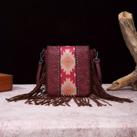 Perfect Casual Vintage Bohemian Style Rivet Crossbody Bag with Tassel Decor, Stitching, Phone Lipstick Coin Compartments for Daily Use, Best Gifts for Carnaval