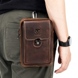 Men's Genuine Leather Crossbody Bag with Adjustable Strap - Brown One Shoulder Backpack, Front Flap Closure & Metal Eyelets - Compact Everyday, Motorcycle, Formal Bag - Sturdy First-Layer Cowhide Construction for Men, Secure Travel Pouch, Vintage Aesthetic