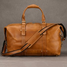 Men's Genuine Leather Travel Duffel Bag, 20 Inch Vintage Carry-On, Large Capacity, Commuter Style, No Wash, Adjustable Strap, Unprinted, Handheld & Shoulder Bag